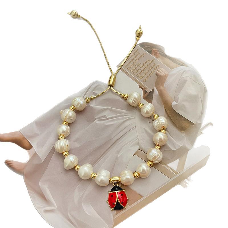 Christmas Ladybug and Bee Handmade Bracelet with Zirconium and Freshwater Pearls