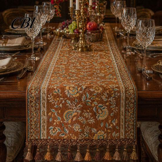 Tassel Edge Table Runner Jacquard Runner, Vintage Floral Elegant Home Decor Accessory with Tassels for Dining Party Scratch Protection