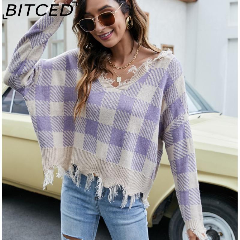 BITCED Women's Oversized Cropped V-Neck Sweater Women's Knit Sweater with Fringe for Fall/Winter