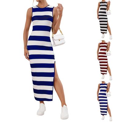 Women's Fashionable  Printing Sleeveless Round Neck Striped Dress