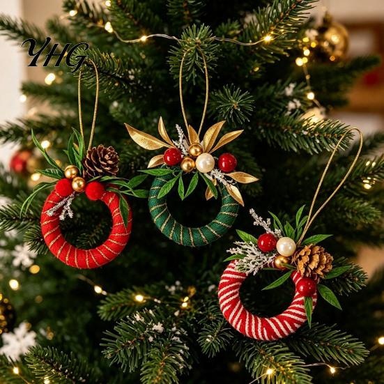 Artificial Wreath with Bow Mini Christmas Ornament, Miniature Bow, Handmade Ornaments Pinecone, Xmas Tree Hanging for Holiday Party Decor