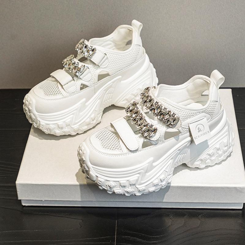 Daddy Shoes Girl 2025 New Summer Thick-soled Hollow Mesh Rhinestone Breathable Shoes Casual Fashion Versatile Women's Sandals