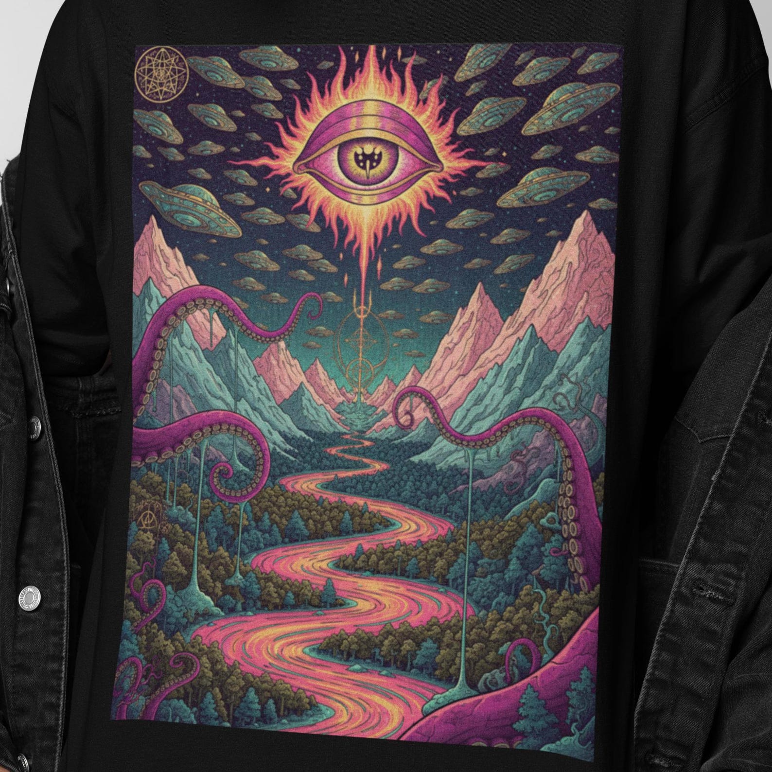 All Seeing UFO Eye Graphic Shirt | Cosmic Watcher Landscape Tee | Psychedelic Surreal Art T Shirt XL