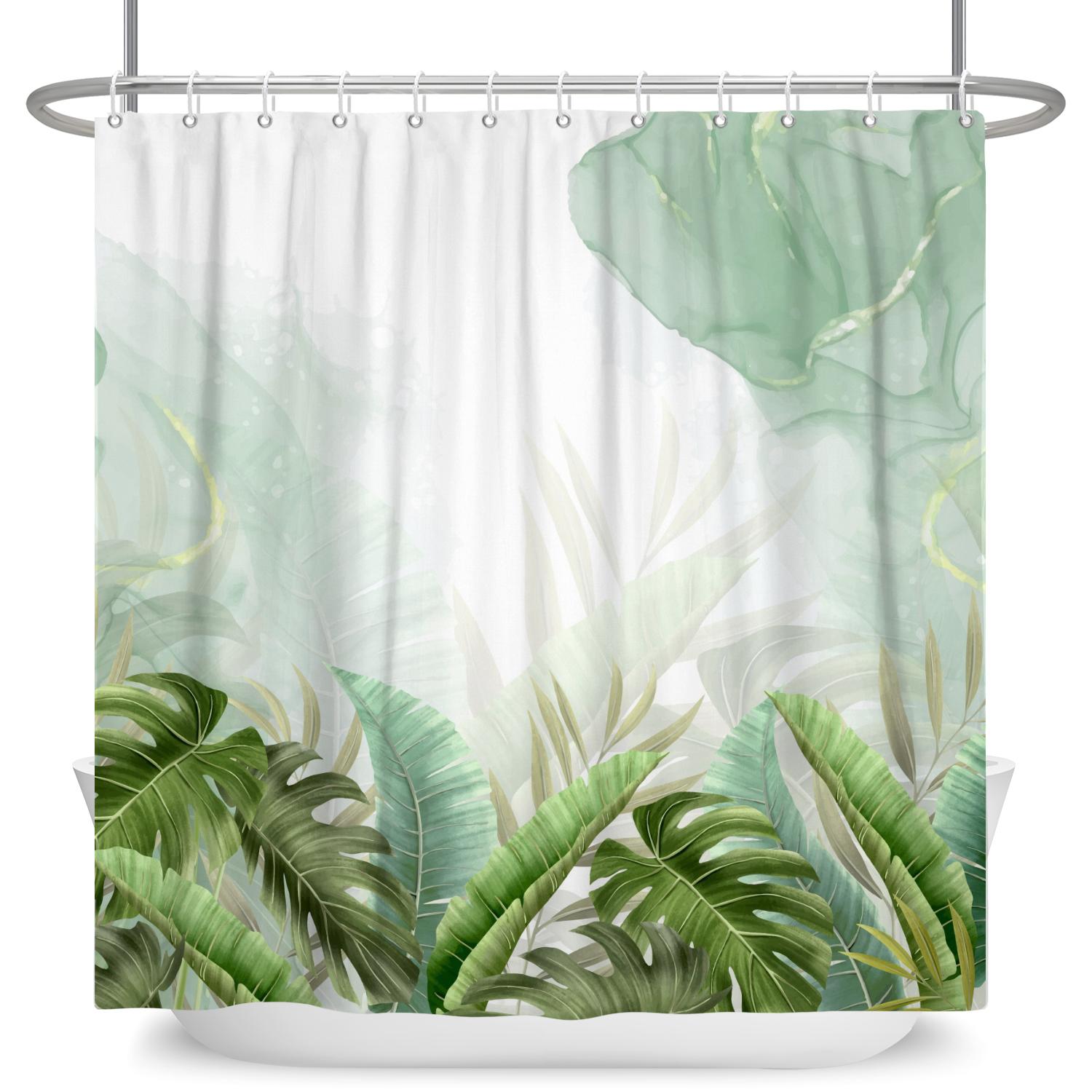 

Tropical Leaves Shower Curtains Palm Leaf Watercolor Plant Bath Curtain Polyester Fabric Modern Minimalism Bathroom Decor Hooks W60H190(CM)-1 Pcs