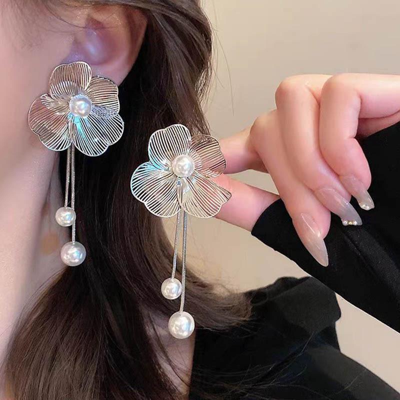 Trendy Exaggerated Zircon Metal Flower Tassel Long Drop Earrings For Women Design Party Jewelry Gift