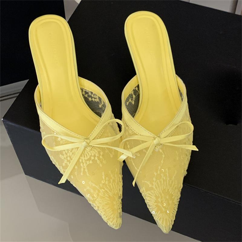 Eilyken Butterfly-knot Thin Low Heels Women Slippers Fashion Elegant Breathable Mesh Pointed Toe Mule Summer Shoes
