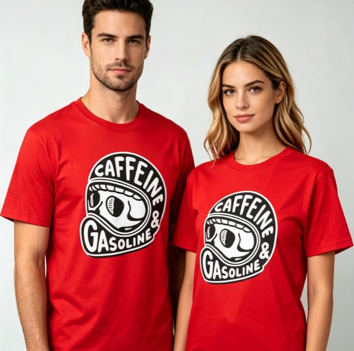 2026 New Black Roundneck Tshirt With Retro Helmet Skull Pattern Caffeine And Gasoline Print Motorcycle Rider Cotton Tshirt