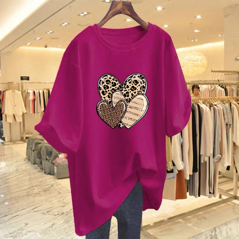 Cotton love print t-shirt women's summer fashion crew neck top large size women's clothing