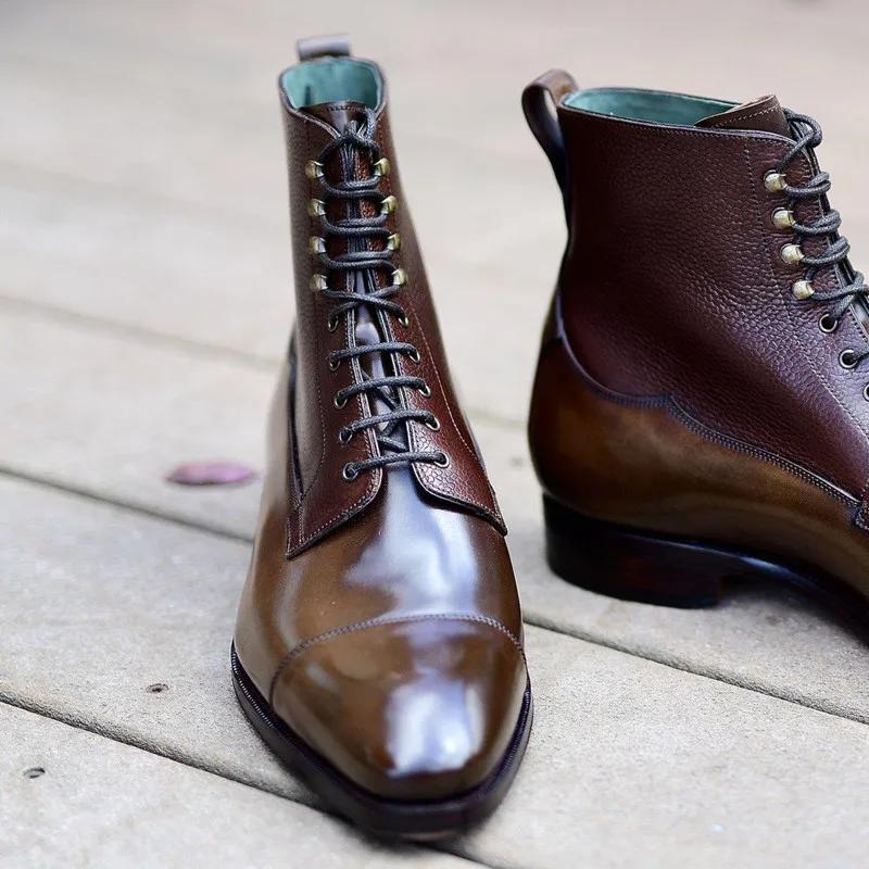 Fashion Brown Ankle Boots for Men Business Motorcycle Boots Lace-up Round Toe Men's Short Boots  Botas De Trabajo Hombre