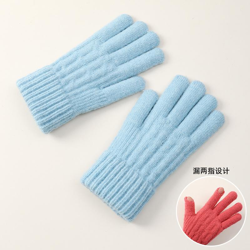Solid color leaky two-finger knitted thickened brushed fleece warm and cold-proof women's winter outdoor wool student gloves