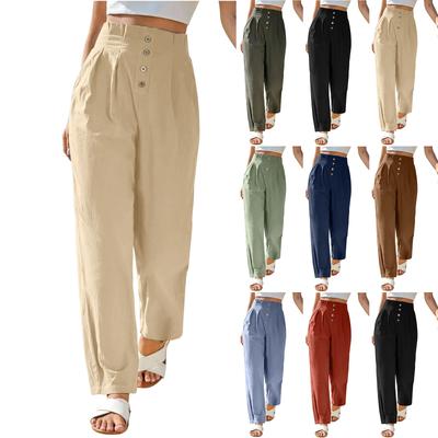 Women High Waist Wide Leg Pants Loose Fit Button Front Trousers Casual Straight Leg Lightweight Fabric Design