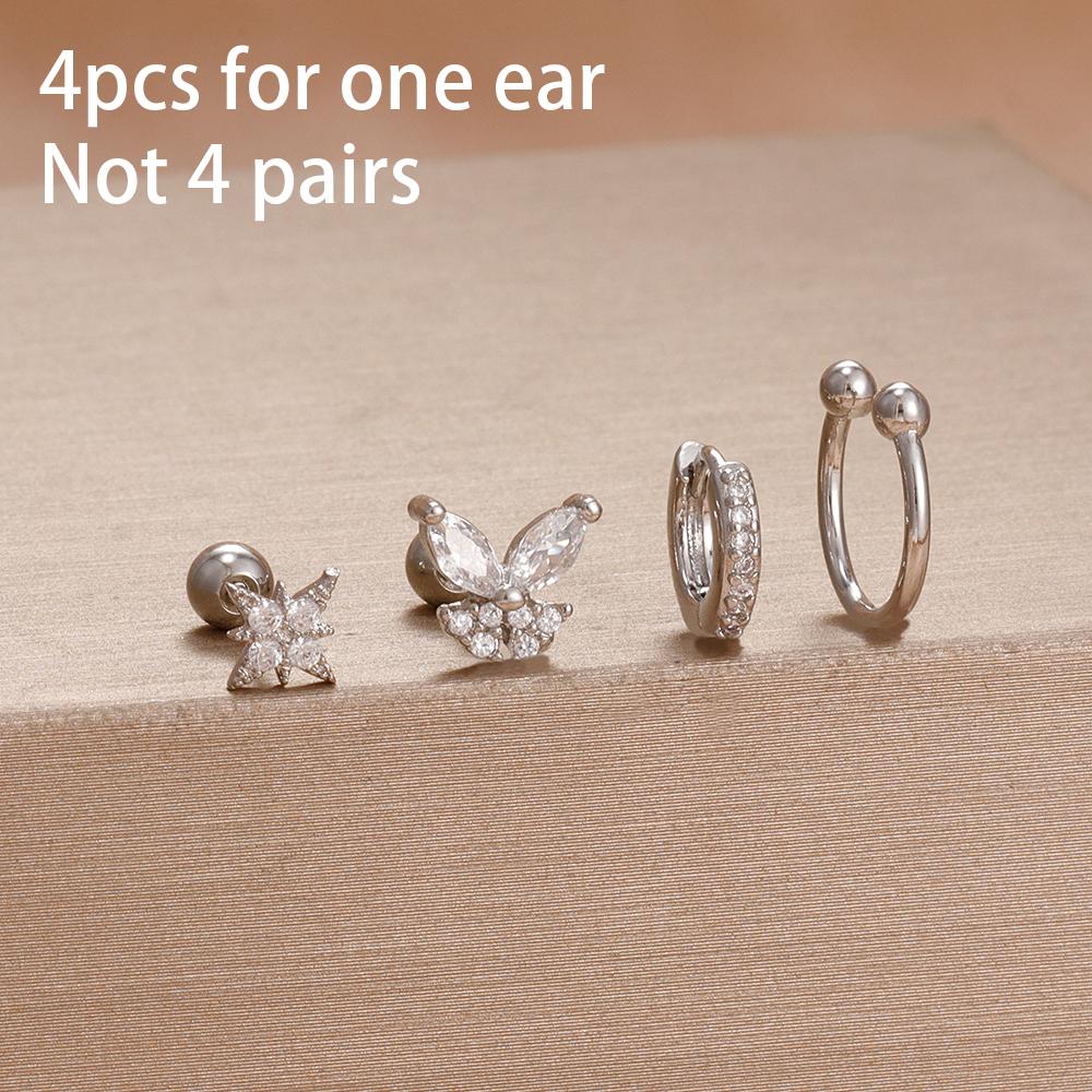 4 Stück Französisches Design Edelstahl Huggie Creolen Set Für Damen Anhänger Blumenkrone Zirkon Ohrstecker Piercing Schmuck