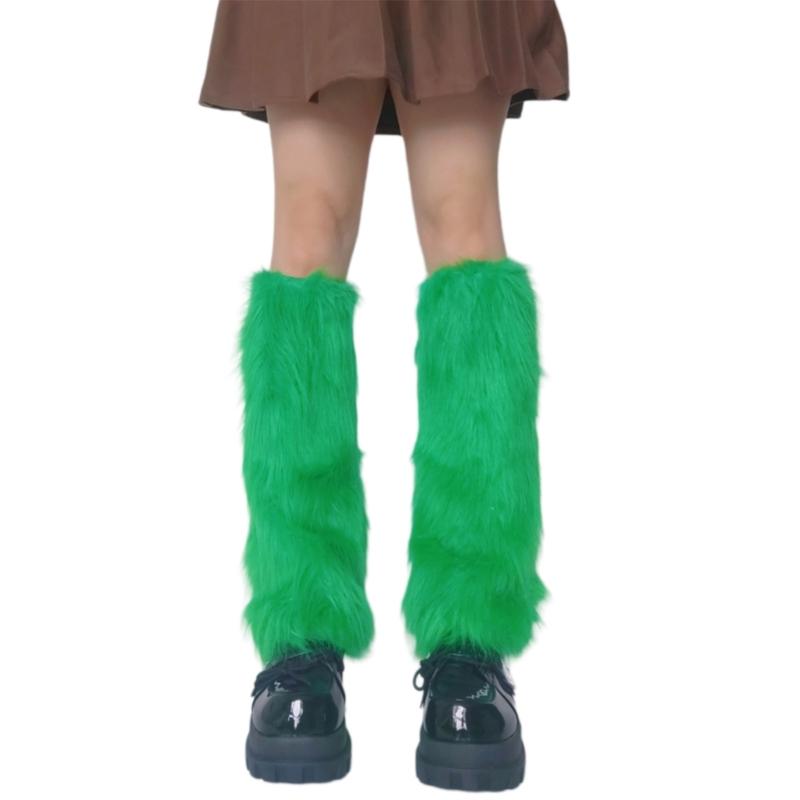 Women Girls Japanese Style Solid Green Plush Leg Warmer Aesthetic Punk Fuzzy Thickened Boot Cuffs Leg Cover Long Sock