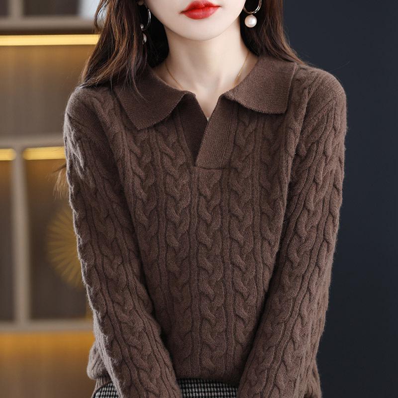 Autumn/Winter 2025 Retro Polo Collar Cashmere Sweater - High-End Knitted Cable Base Layer