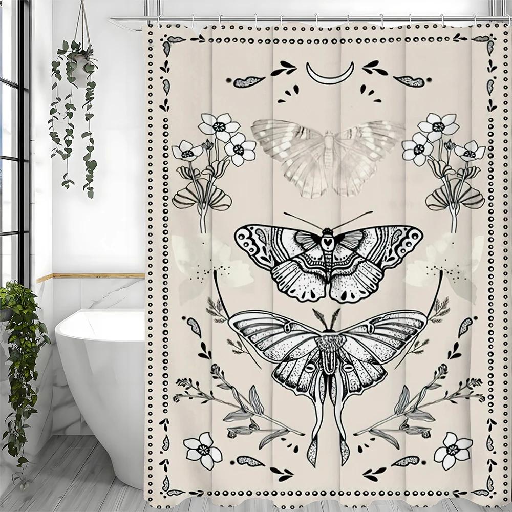 Black And White Moth Butterfly Floral Shower Curtain, Bathroom Decorative Shower Curtain, Waterproof Shower Curtain With Hooks