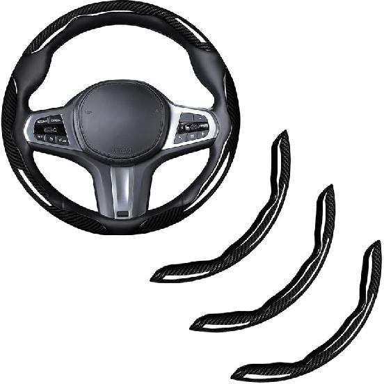 Carbon Fiber Steering Wheel Cover, Snap On Car Steering Wheel Cover Set Accessories 3Pcs Wrap Grip Non Slip Protector Universal Glossy Black