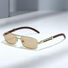 New Metal Rectangle Sunglasses for Women Men Stylish Mini Frame Double Bridge Wood Grain Design