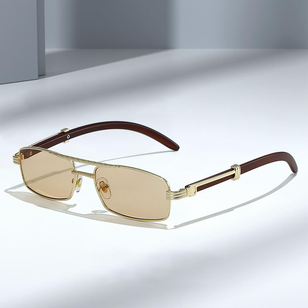 New Metal Rectangle Sunglasses for Women Men Stylish Mini Frame Double Bridge Wood Grain Design