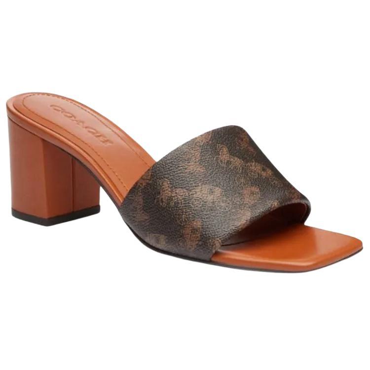 Coach Holly Square Toe Slip-On Carriage Print Block Heel Slide Sandals 6.5cm Women Sandals Brown CAS92-W8F