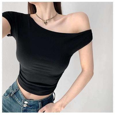 Design Kink Slant Shoulder Short Sleeve T-Shirt Women's Summer New Pure Desire Spice Girl Short Women's Top