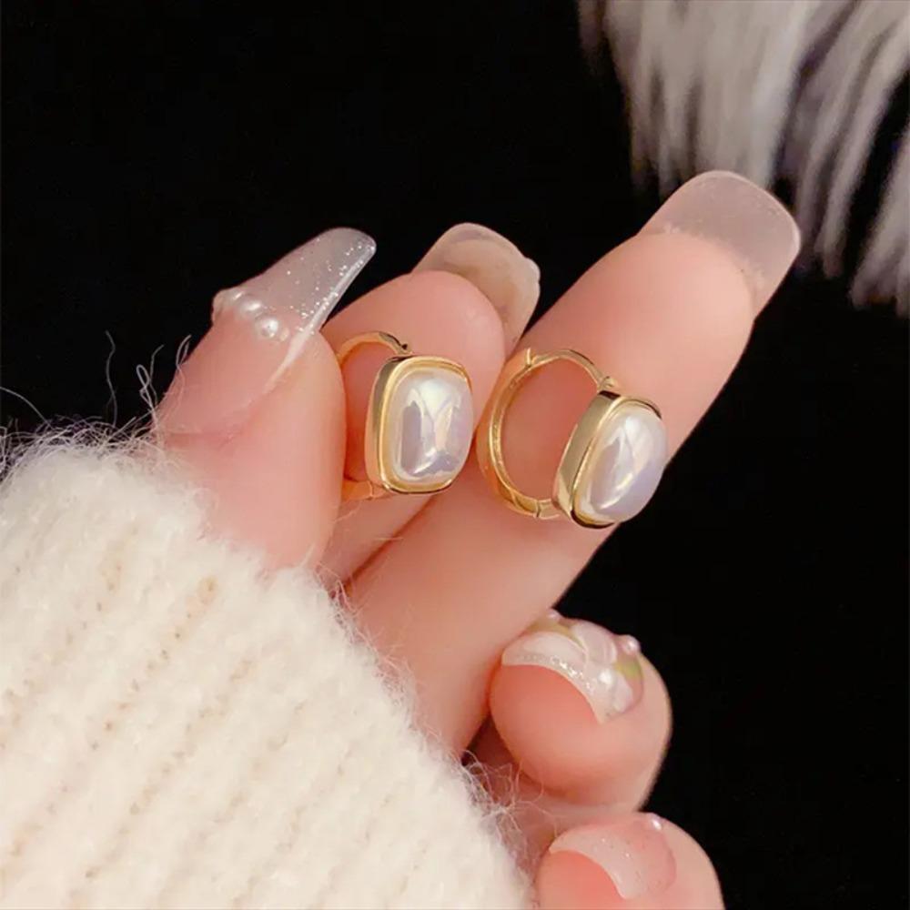 Korean Retro Geometry Square Pearl Plating Color Bead Stainless Steel Stud Earrings for Women Charm Wedding Bride Jewelry Gifts