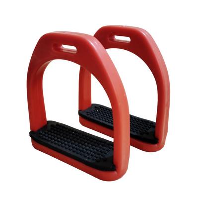 Red Plastic Polymer Composite Horse Stirrups Light Weight Black Rubber Mat