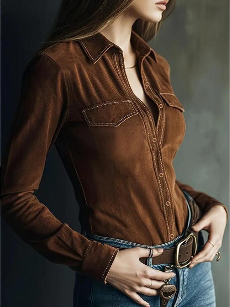 Women's European & American Long-Sleeve Deer Suede Shirt - Spring & Autumn Collection