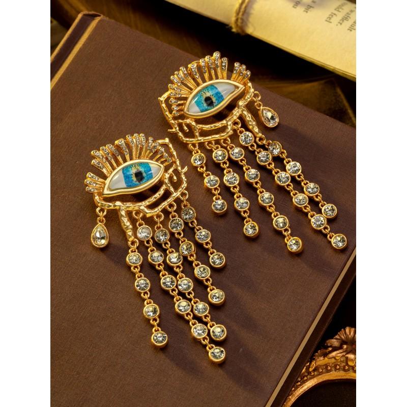 Vintage Crystal Tassel Devil's Eye Earrings Light Luxury Retro High Grade Heavy Duty Earnail Women