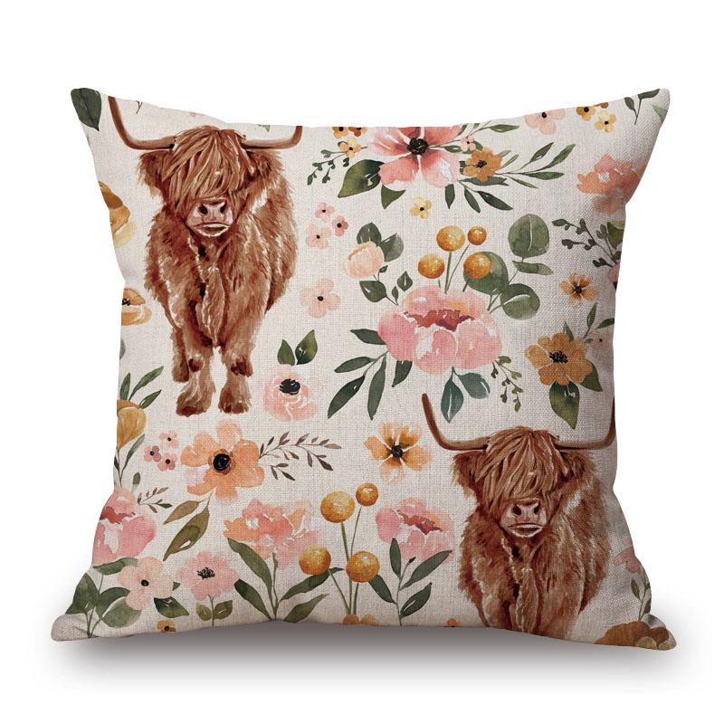 Highland Cows Animals Painting Cushion Covers Flower Blossom Decorative Pillow Case For Sofa Xcm