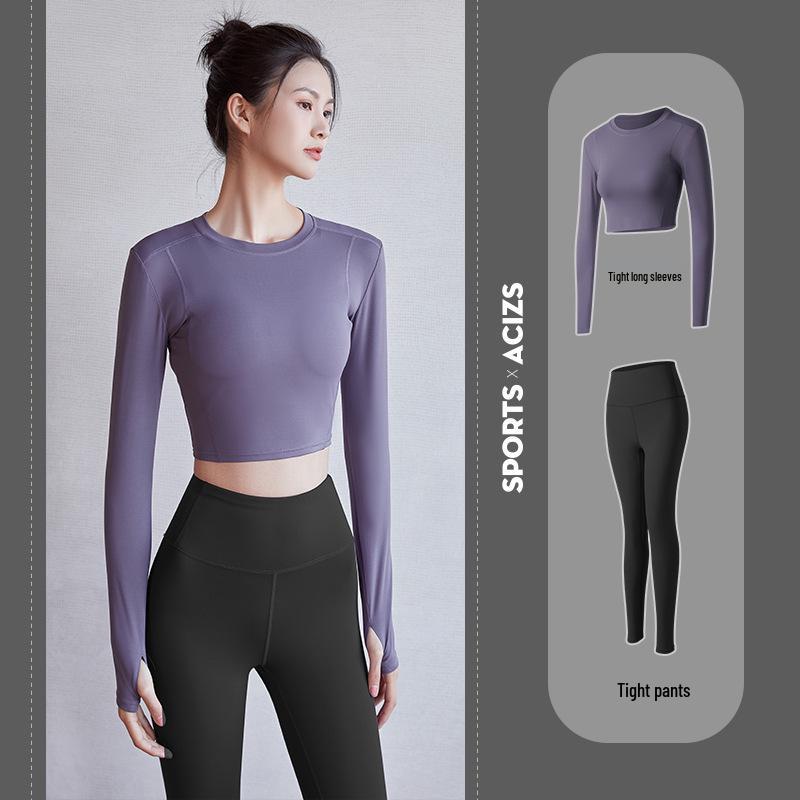 Seamless Yoga Set: Women's Long Sleeve Top & High Waist Peach Lift Pants for Gym & Running