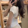 women ribbed knit t-shirt short sleeve bow back cut-out casual form-fitting cropped tee with built-in bra