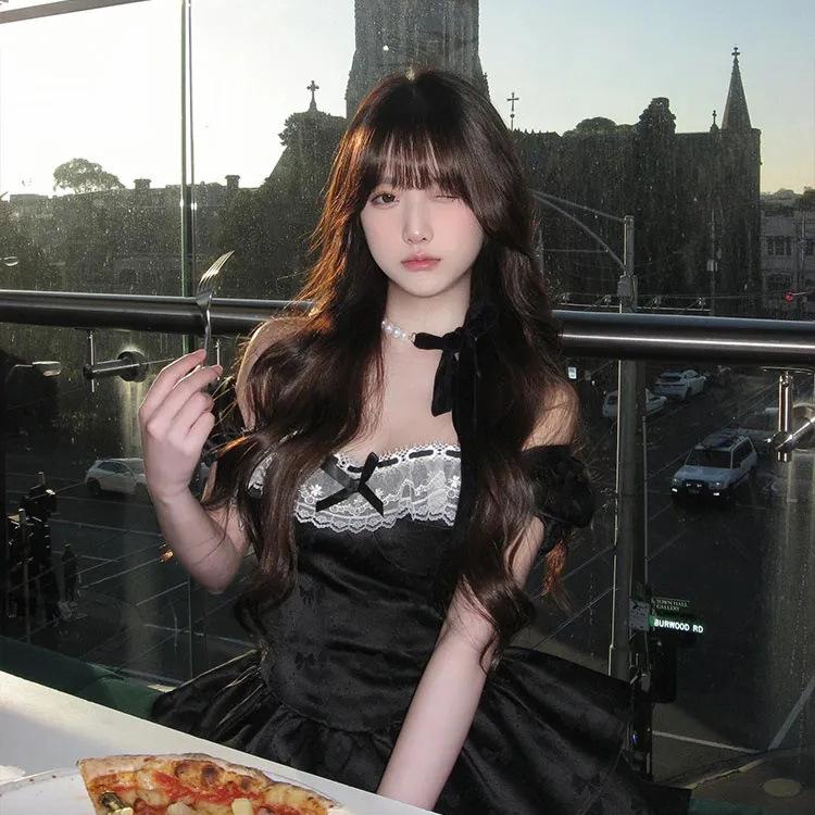 

Elegant Black Bow Puff Sleeve Dress for Women - French Style Birthday Outfit M Premium Edition чёрный