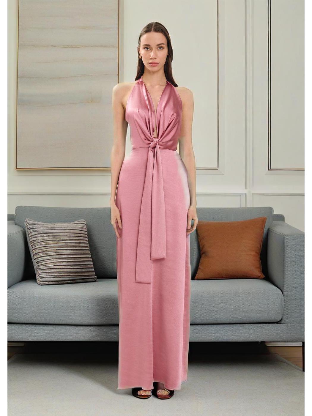 

2025 Summer Women s Solid Color Halter Dress: Sleeveless, Waist-Cinching Fashion L розовый