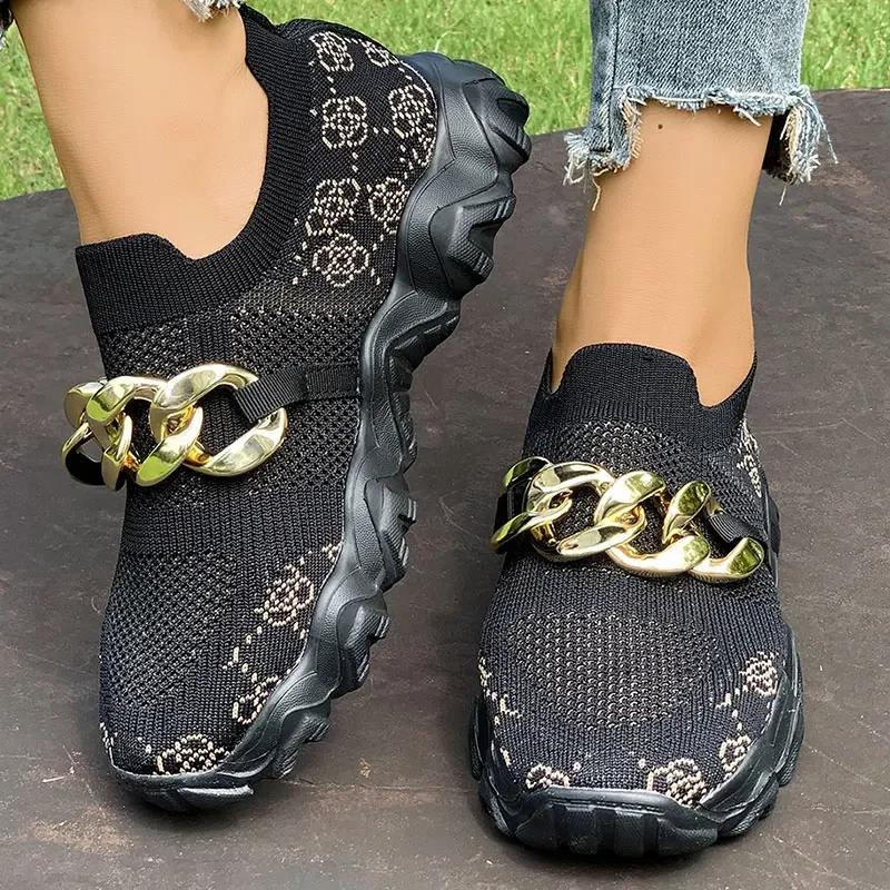Fashion Metal Chain Decor Flat Vulcanize Shoes Women Print Mesh Hollow Out Thick Sole Sneakers Plus Size Comfort Breathable Sports Shoes