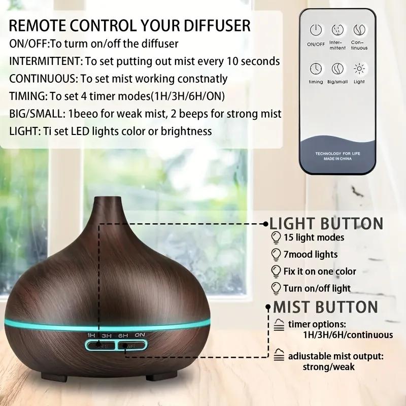 Diffuser For Home Wood Grain Aroma Diffuser + Remote Control Timer  6 Oil Set - 550ml Cool Mist Humidifier