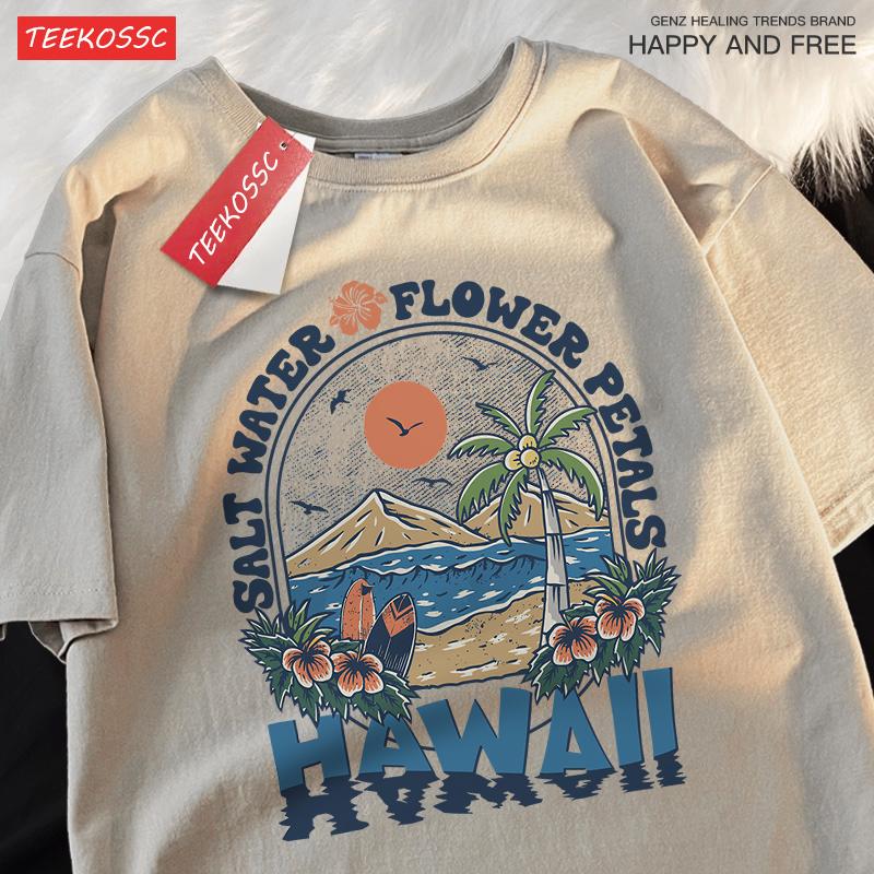 Salt Water Flower Petals Hawaii Clothes Men Women Harajuku Summer Tshirt Cartoon Cotton T-Shirt Fashion Breathable Couple Tops