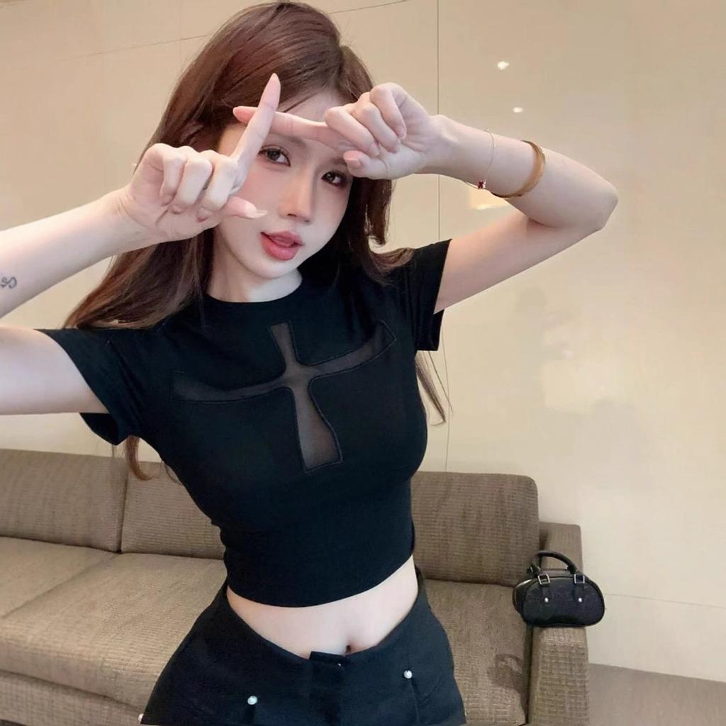 New Summer Sweet and Spicy Style Hollow Slim Skinny Mesh Splicing Sexy Short Sleeve T-Shirt Top Women's Clothing