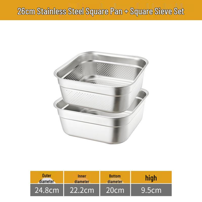 Large 304 Stainless Steel Colander with Lid - Square Vegetable Washing and Oil Draining Basin