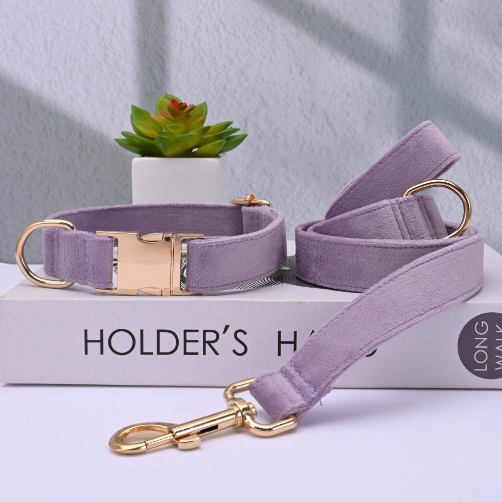 Ensemble collier et laisse pour chien en velours gravé avec boucle métallique réglable