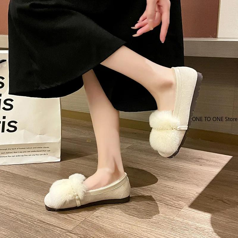 2024 Women Fur Round Toe Flats Slip On Shoes for Woman Winter Plush Warm Boots Femme Cotton Loafers Mary Jane Plus Size Mujer