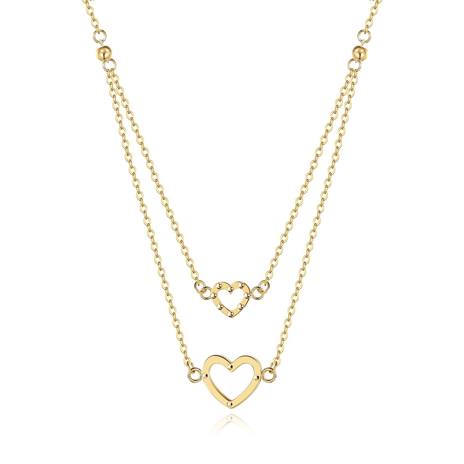 

Necklace K18 Yellow Gold Heart Double Chain Necklace 18K Open Heart Birthday Anniversary Christmas Women Popular Brand Present Gift Wrapping Included