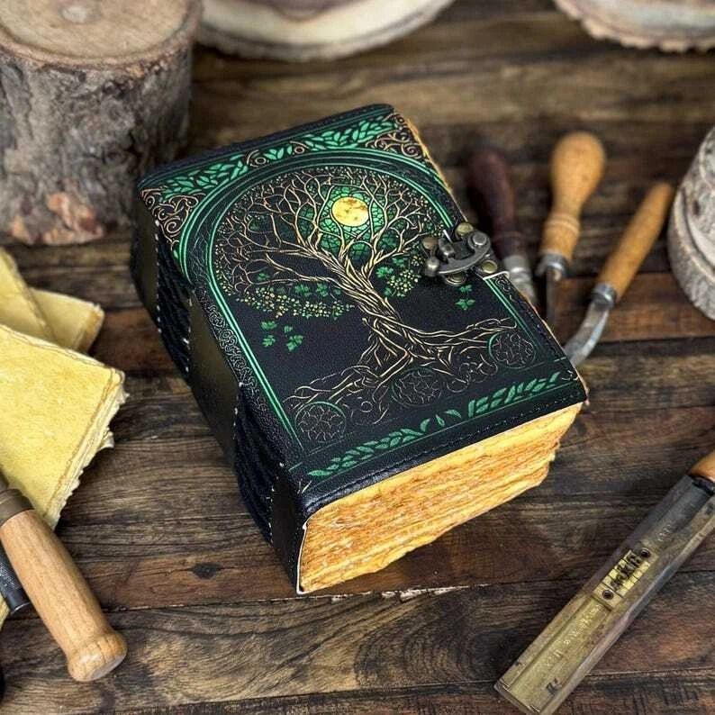 Handmade Green Tree of Life Leather Journal Embossed Vintage Notebook