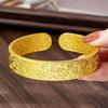 Vietnam Sa Gold-Plated Lotus Wide-Face Bangle with Auspicious Fu Character and Eight Treasures Design.