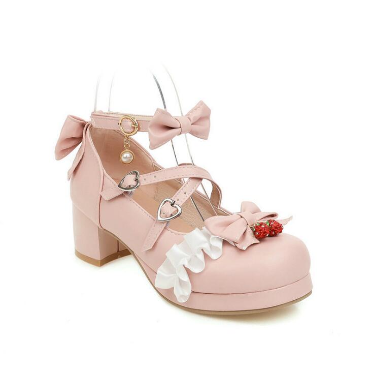 Girls' Shoes Ladies Heels Platform Cute Bow Lace Princess Mary Jane Lolita Shoes Party High Heel Buckle Women Pumps Pink 30-43