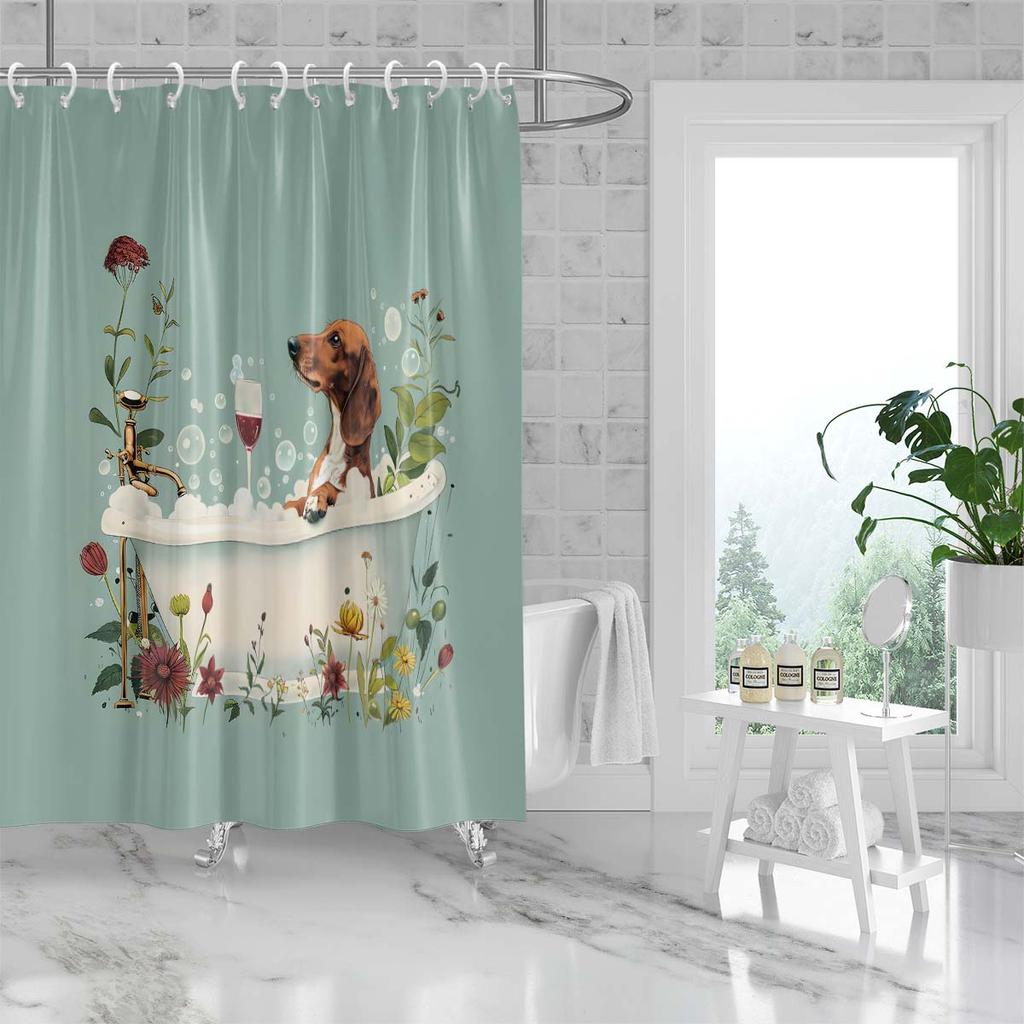 1pc bathtub with puppy print waterproof shower curtain, shower partition curtain with 12 hooks, multi size machine washable