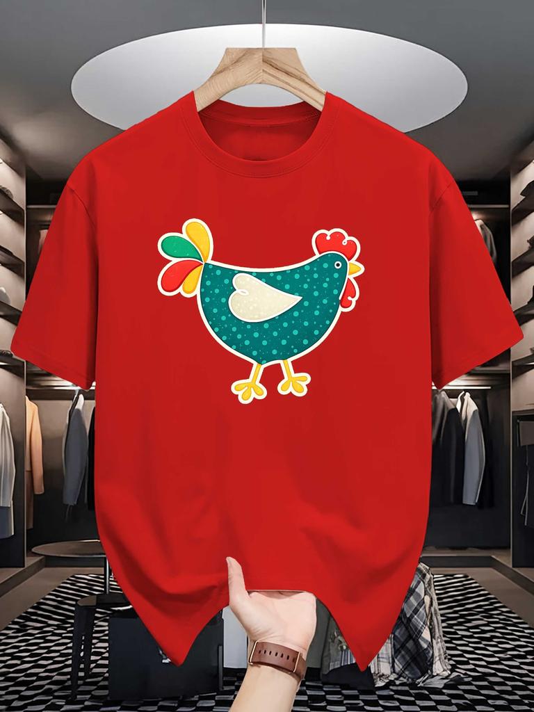 Unisex Cotton Tee Lovely Folk Colorful Hen Cartoon Graphic Print Loose Breathable Summer Crew Neck Casual Daily Tee Shirt For Unisex
