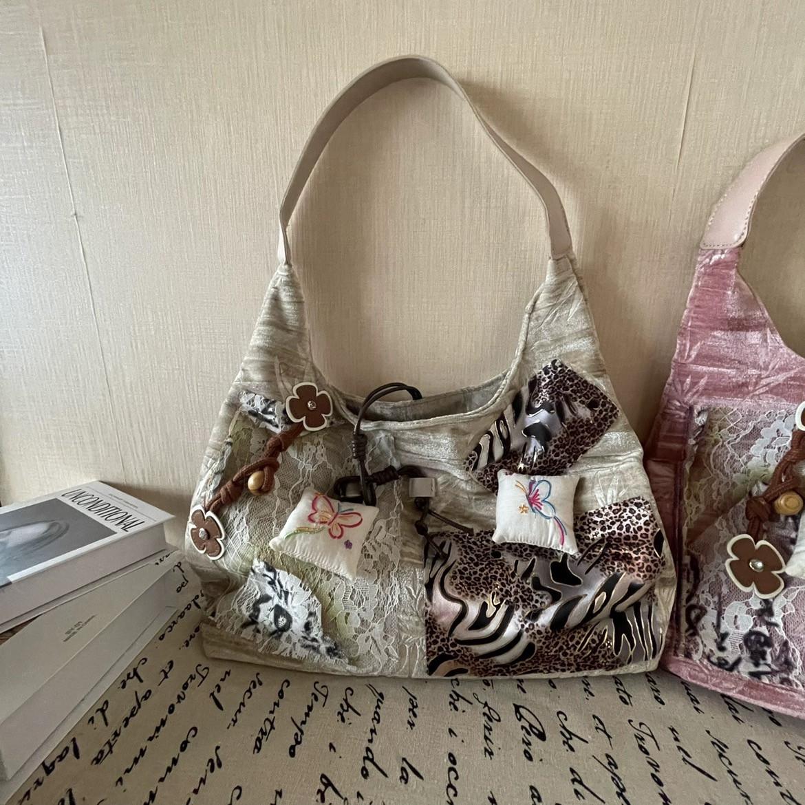 

JIAERDI Harajuku Pink Large Capacity Tote Bag Purse Women Retro Chinese Style Lace Shoulder Bags Ladies Vintage Y2k Handbag 2025 36x40x11cm серый