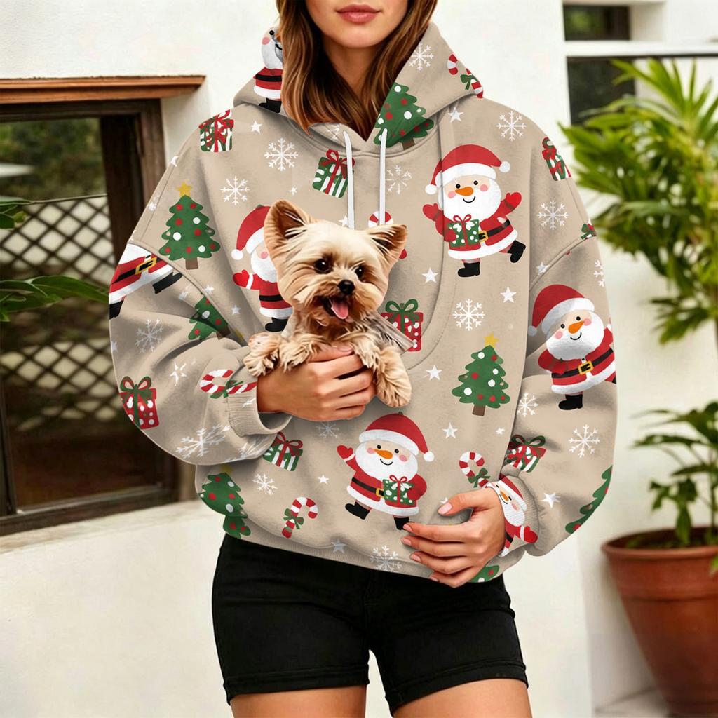 Women's Fashion Christmas Print Hooded Sweatshirt with Large Pet Pocket for Holiday