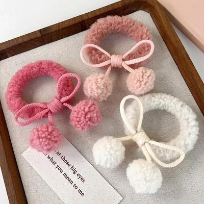 High Elastic Lamb Hair Ball Hair Ring Cute Girl Bow Hair Ring Plush Ball Head Hair Accessories