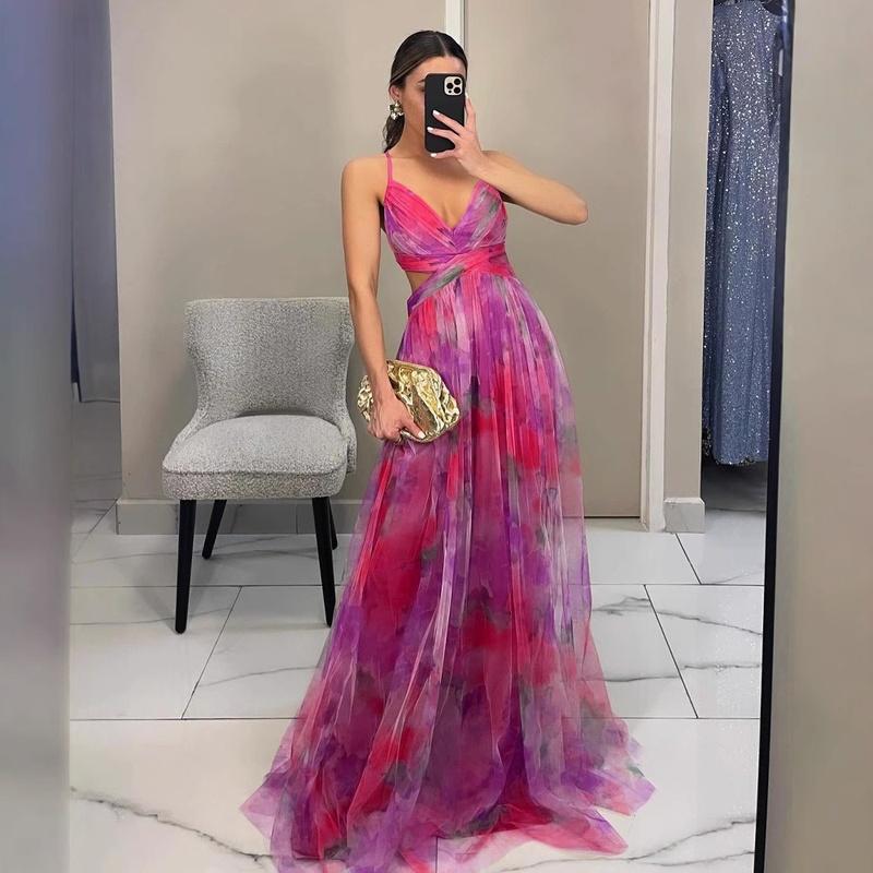 Women's Printed Maxi Dress Spaghetti Strap V Neck Flowing Boho Vacation Dress